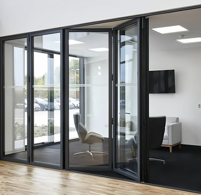 Black Nash 100 Series aluminum bifold door system with large glass panels in a 144" x 96" configuration.