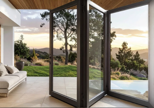 Nash 100 Series black aluminum bifold door, 144" x 96", left-opening configuration with slim frame and large glass panels.