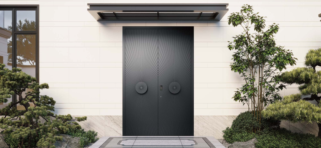 Front entry door with classic design and sturdy frame