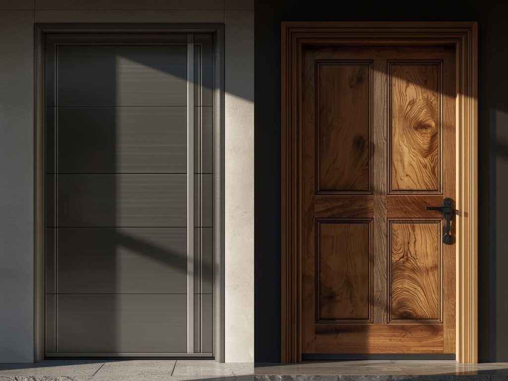 Comparison of aluminum and wooden entry doors, highlighting style, durability, and design differences for homes.