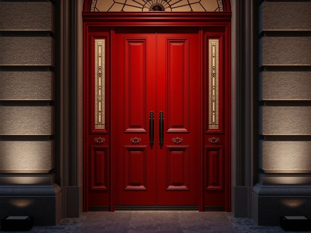 Bold front entry door featuring a striking color, oversized handle, and modern architectural detailing.