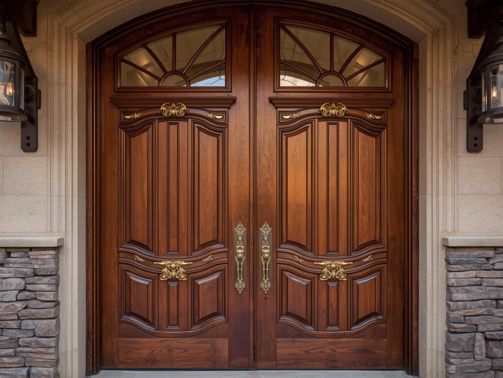 Wide double doors enhancing curb appeal and accessibility in a residential entryway.