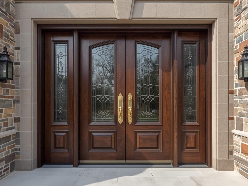 Elegant double entry doors with glass inserts and wooden frame for a modern home.