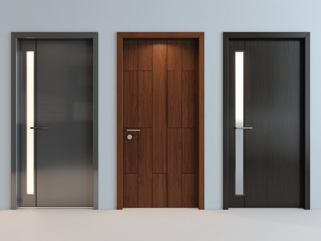 Modern front door design featuring sleek lines, minimalist hardware, and contemporary materials for a stylish entryway.