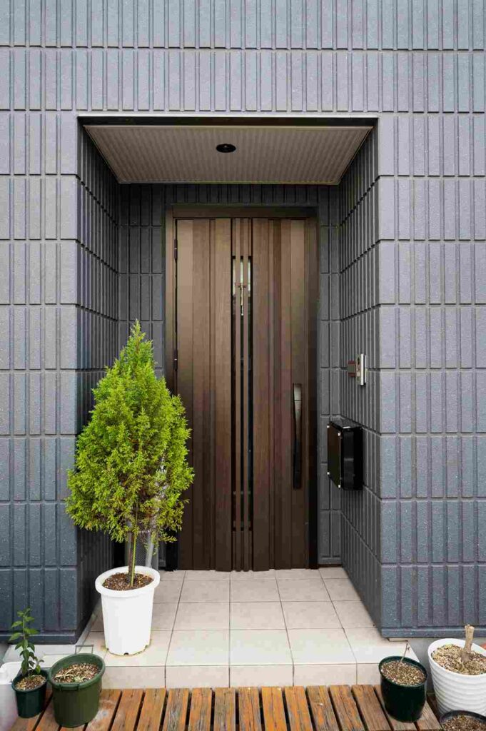 Modern entry door with sleek design, minimalist handles, and frosted glass panels.