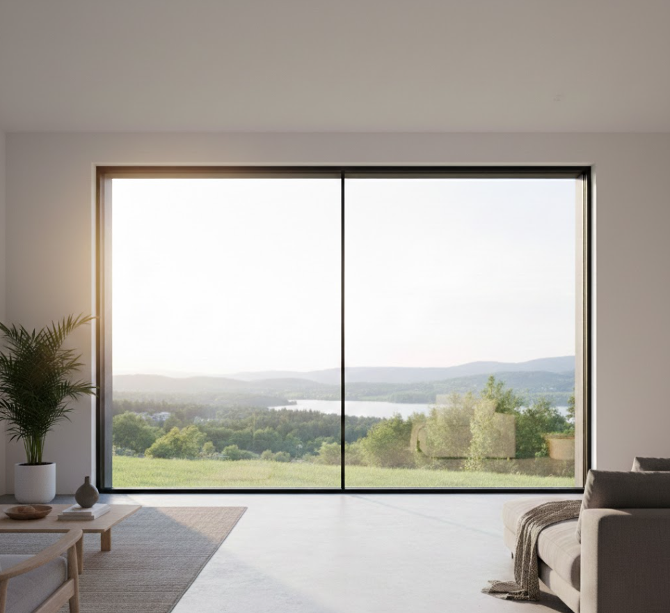 A bright living room featuring a large fixed window overlooking a lush green backyard. The room includes a beige sofa, armchair, wooden coffee table, and decorative plants.