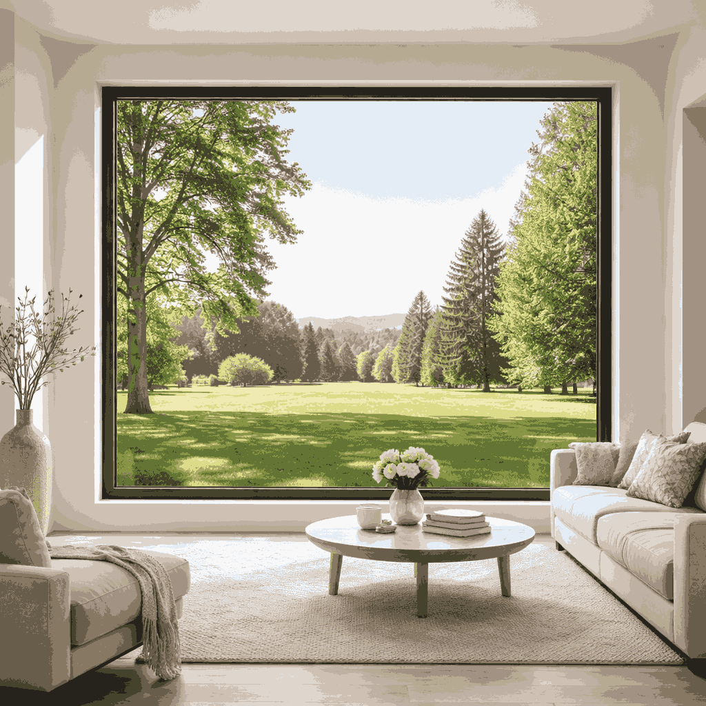 A modern living room with a large fixed window, letting in abundant natural sunlight. The window offers an unobstructed view of a green backyard with trees, shrubs, and outdoor seating. The interior features a beige sofa, armchair, wooden coffee table, and light-colored rug, creating a bright and inviting space.