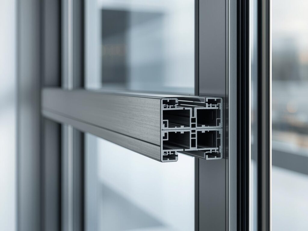 Close-up of a thermal break aluminum window showing the polyamide insulation separating the inner and outer frames.