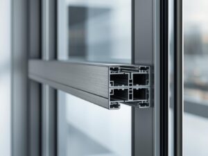 Close-up of a thermal break aluminum window showing the polyamide insulation separating the inner and outer frames.