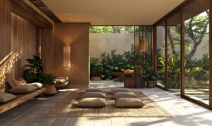 Modern home featuring a seamless indoor-outdoor transition with large sliding glass doors connecting the living area to an outdoor patio.