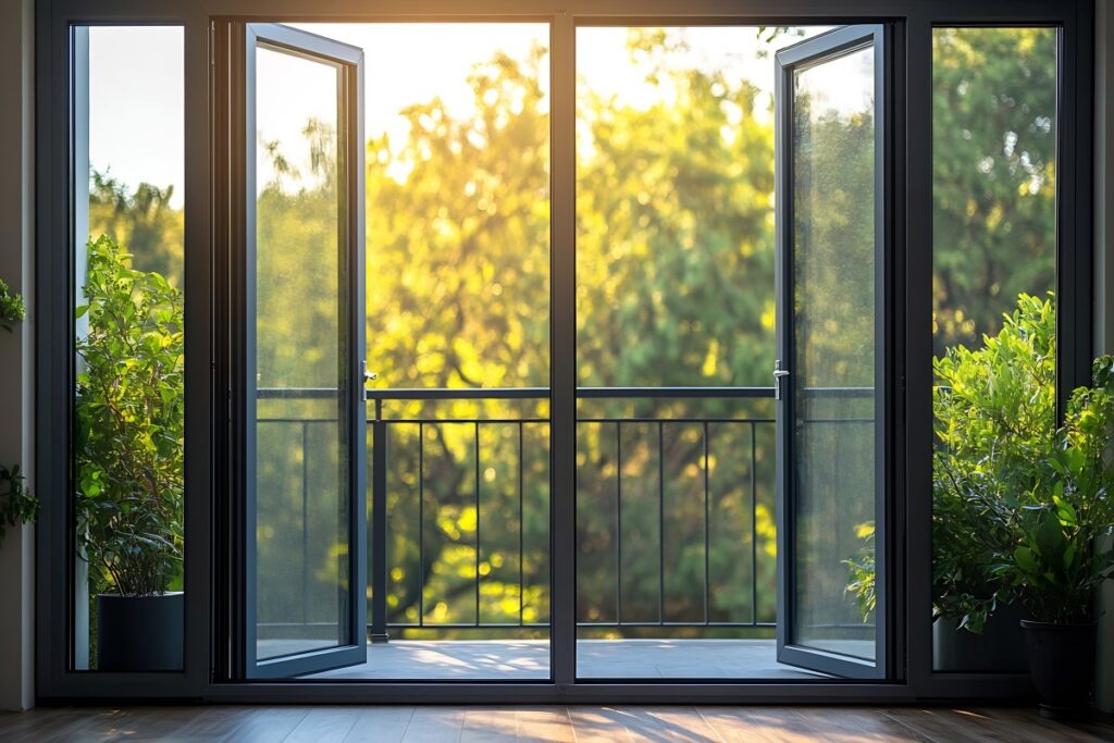 A large, modern black aluminum frame window looking out onto a lush green garden in a minimalist living room.