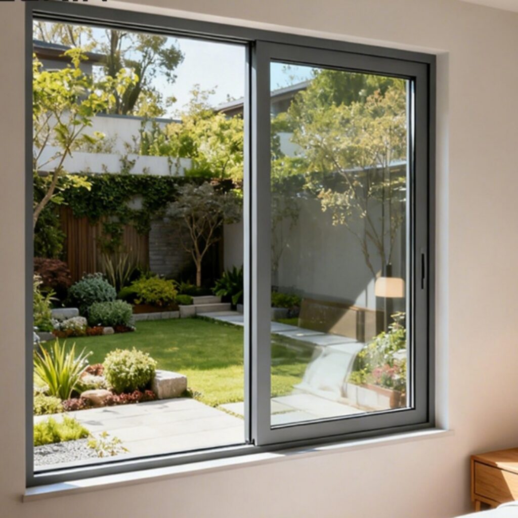 A bright showroom display at the best aluminum window shop in Los Angeles, featuring a modern matte black aluminum sliding patio door with slim-line frames and energy-efficient dual-pane glass, looking out onto a palm-lined Southern California terrace.