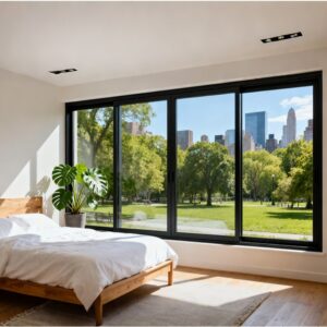 Modern black aluminum windows and doors with slim frames, large glass panels, and a contemporary architectural design.