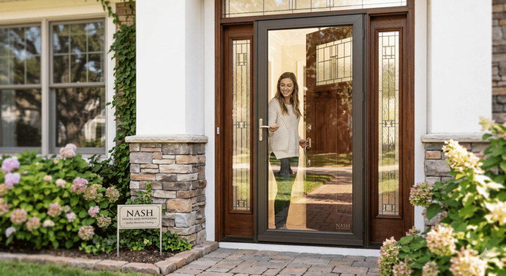 Exterior view of a modern home showing a durable aluminum storm door installed at the entryway, featuring a mesh or glass insert for ventilation and added weather protection.