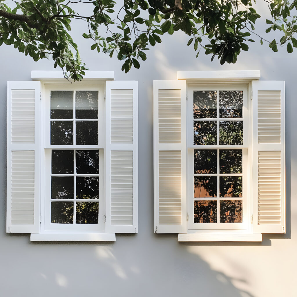 Premium side-by-side double-hung windows with sleek, modern black aluminum frames installed in a bright, modern living room overlooking a garden.
