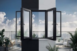 Black powder-coated aluminum bifold windows cost comparison model installed over a kitchen pass-through bar.