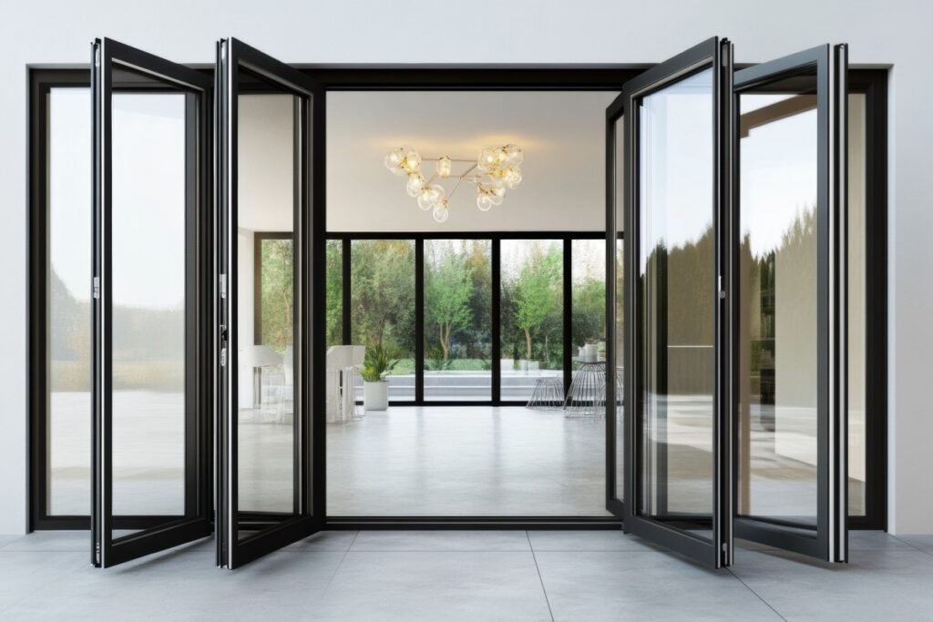 Modern charcoal gray aluminium bifold doors fully opened to connect a luxury living room to an outdoor patio deck.