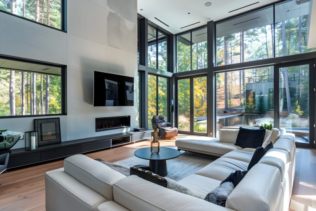 Elegant living room interior featuring stylish black residential aluminum windows and French doors overlooking a green garden.