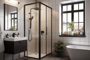 A modern bathroom featuring a walk-in shower with a sleek, matte black aluminium-framed glass door.