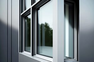 Modern dark gray thermal break aluminum windows installed in an open-concept living room wall.