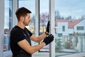 Homeowner using a microfiber cloth and soapy water to clean aluminum windows and black powder-coated frames.