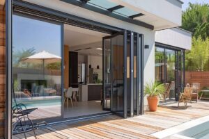 Side-by-side comparison of multi slide vs bifold patio doors installed in a modern living room opening to a backyard patio.